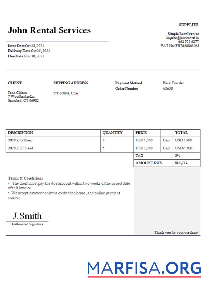 Blank USA John Rental Services invoice download for verification